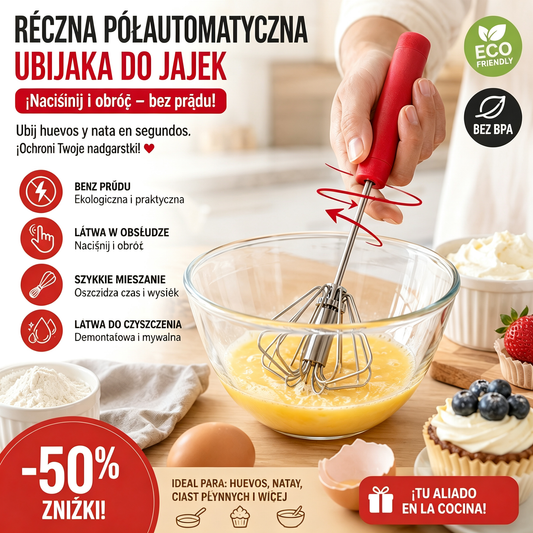 🥚💪 -50% 💥 Półautomatyczna ręczna ubijaczka jajek – naciśnij i kręć, bez prądu! ✨ Szybko ubija jajka i śmietanę 🧁