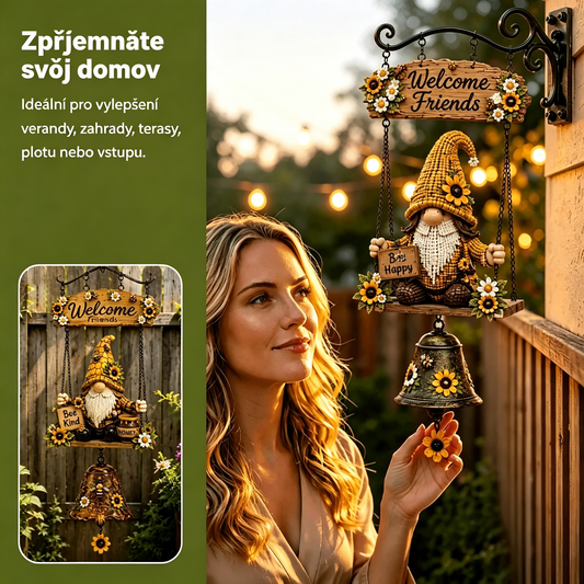 🔥Uvítací zvonek se zahradním trpaslíkem, plaketa „Uvítací“, retro bronzový zvonek, železný nástěnný držák, dekorace na zahradu a terasu