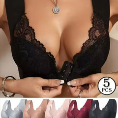 💕👙【Zestaw 5 sztuk】✨ Biustonosz koronkowy z efektem uniesienia. Zapięcie z przodu, bez fiszbin, wygodny krój dla każdej kobiety 😍40–110 kg