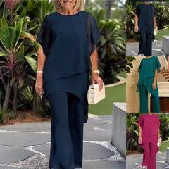 🎁Új, 50% kedvezmény💥【Blúz + Nadrág】【40-100KG】Új elegáns, egyszerű sifon kosztüm, széles szabásvonallal